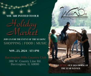 graphic advertising our holiday market. it has a green background with glowing yellow gold and red lettering & sparkles. it includes the date and time and venue address. there is a photo of one of our riders on little, who is a small yellow pony with yellow and black mane and tail. the rider is leaning forward to get a ring that an instructor is holding for her.