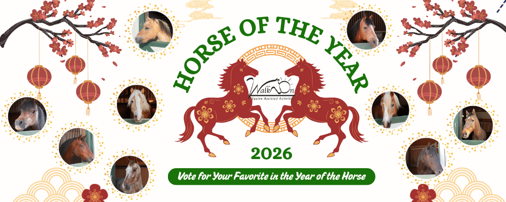 Two red horses with gold florals frame the walk on logo in the middle. text says "horse of the year 2026, vote for your favorite in the year of the horse" there are portraits of each of the horses around the rest of the photo.